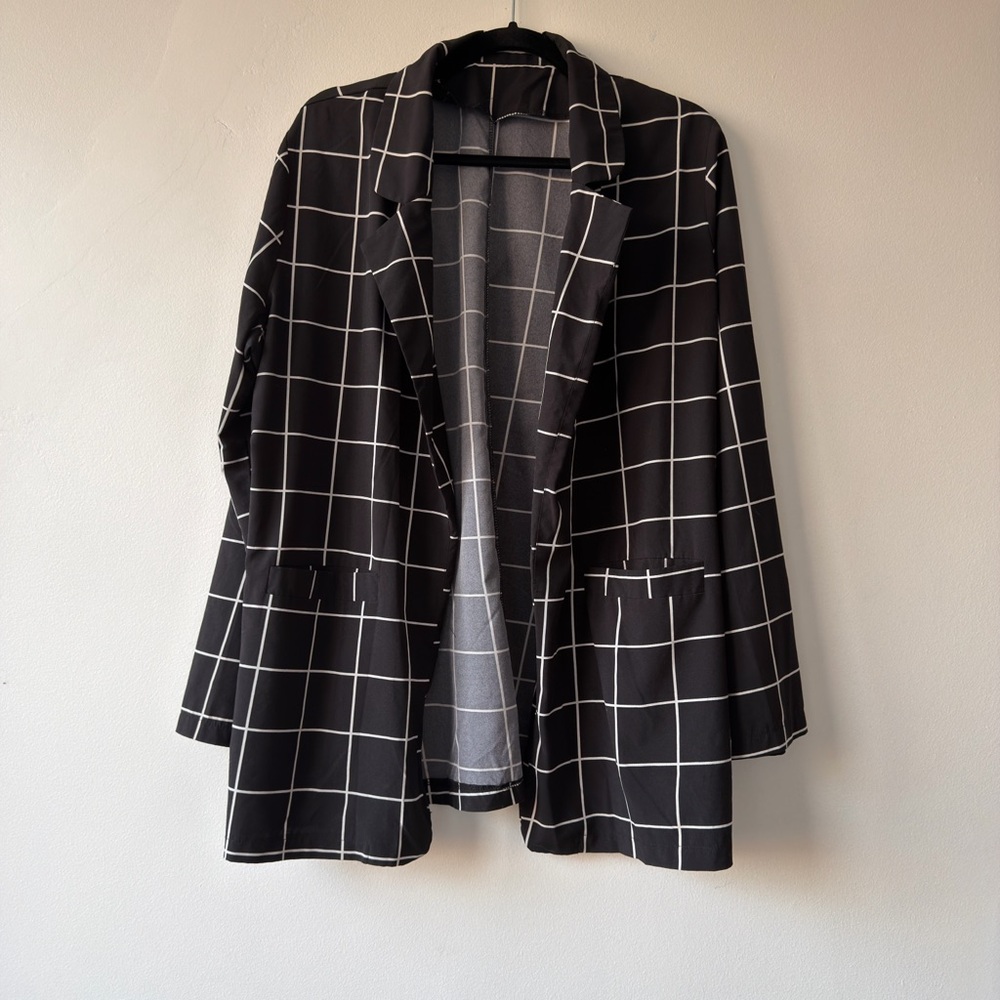 Womens Black White Windowpane Grid Open Front Blazer Jacket XL Lightweight